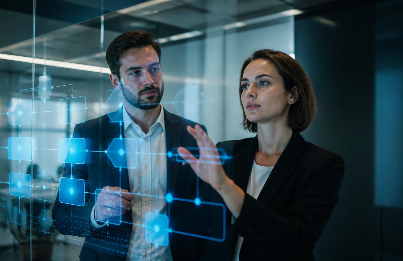 River Insolvency practitioners reviewing a digital case flowchart on a transparent screen