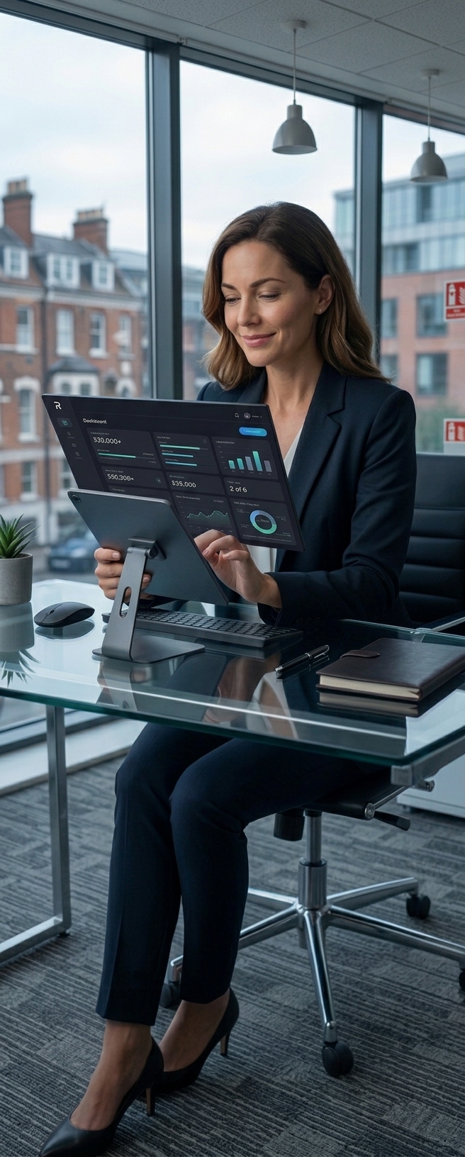 A professional woman reviewing her IVA repayment plan on a tablet in a modern UK office
