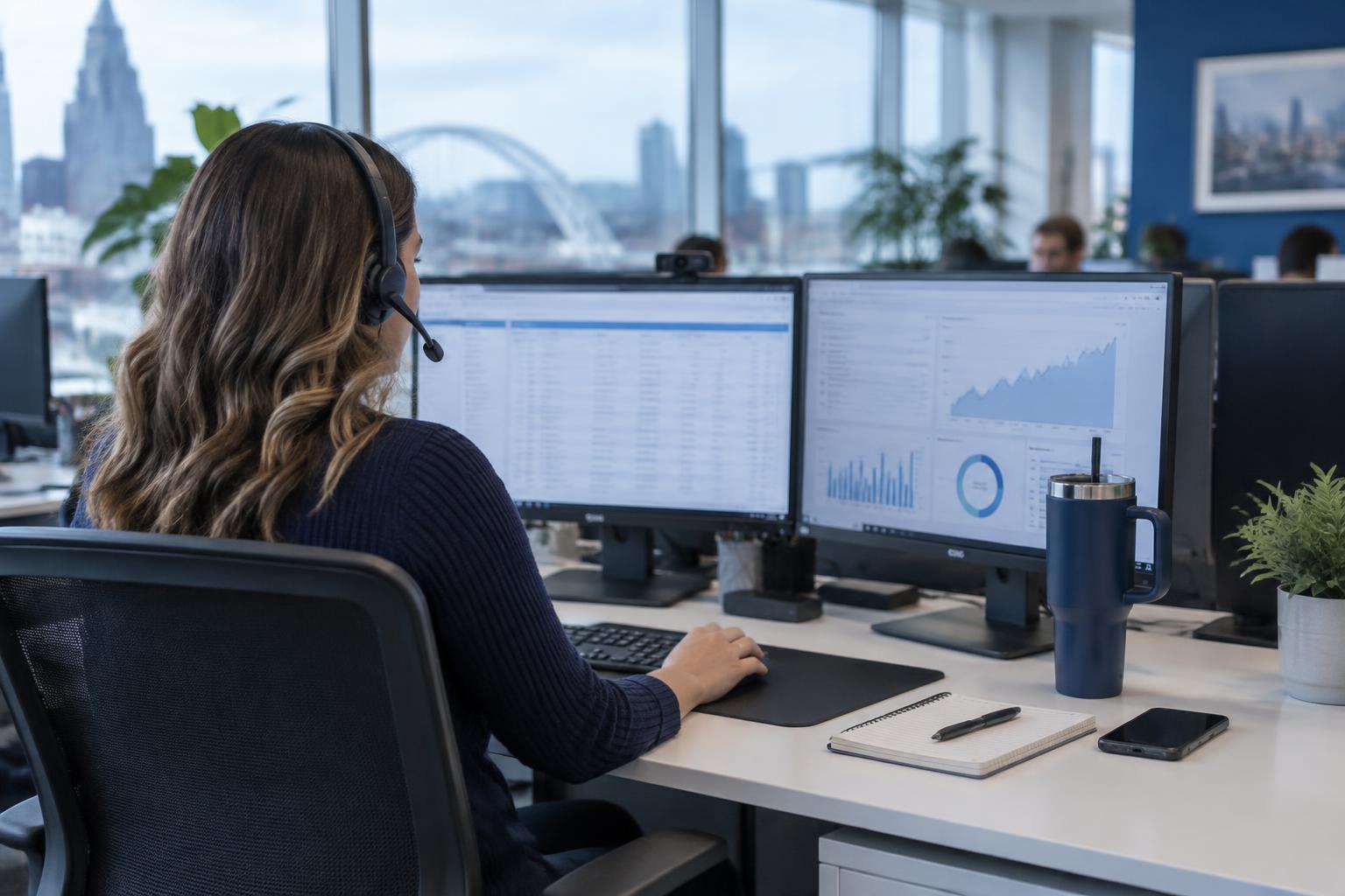 A River Insolvency team member working with a headset and two monitors in a modern British office